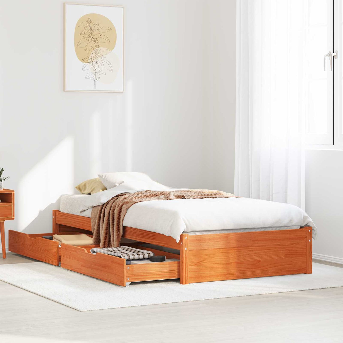 Bed Frame with Drawer with Storage Wax Brown Solid Pine Wood