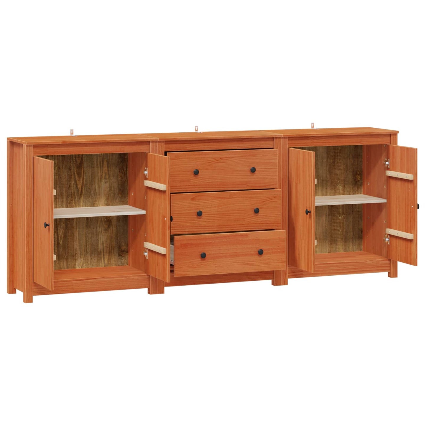 Sideboard with Drawer 3 pcs Wax Brown Solid Pine Wood