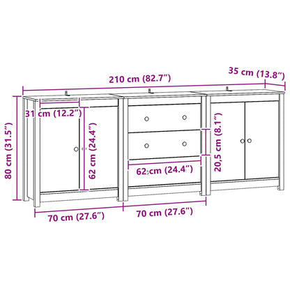 Sideboard with Drawer 3 pcs Wax Brown Solid Pine Wood