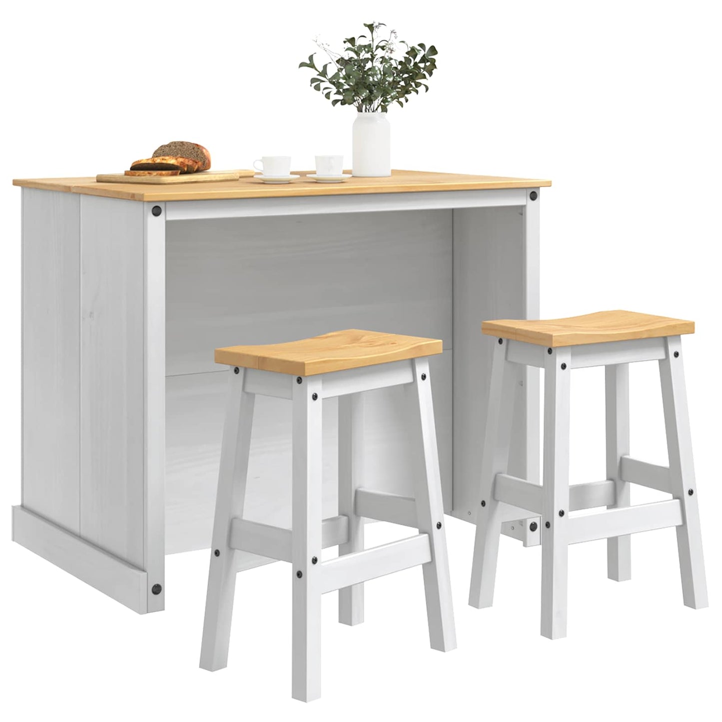 Kitchen Island Set 3 pcs White and Honey Wax Solid-Pine