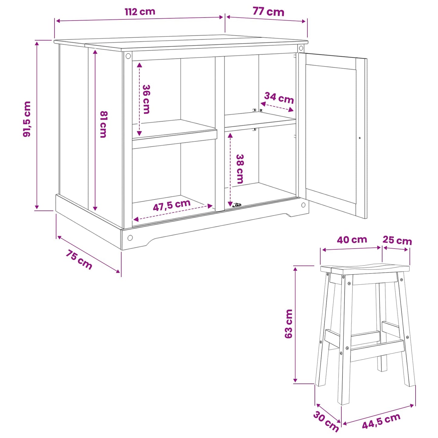 Kitchen Island Set 3 pcs White and Honey Wax Solid-Pine