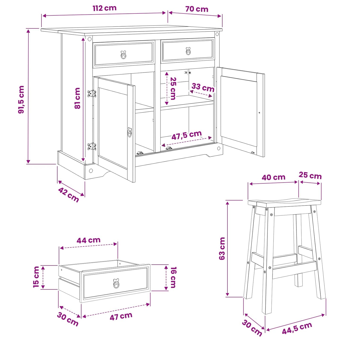 Kitchen Island Set Corona 3 pcs Honey Wax Solid Pine Wood