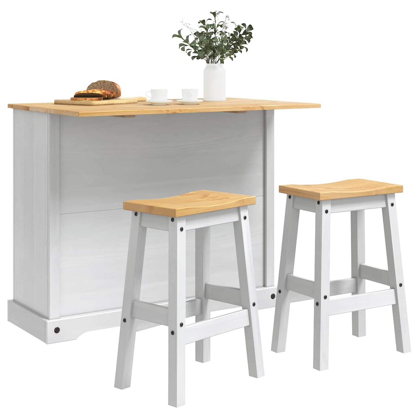Kitchen Island Set Corona 3 pcs White and Honey Wax Solid-Pine