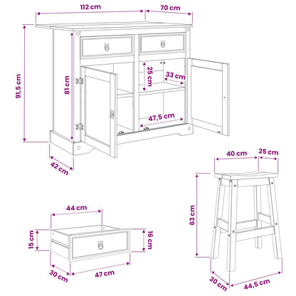Kitchen Island Set Corona 3 pcs White and Honey Wax Solid-Pine