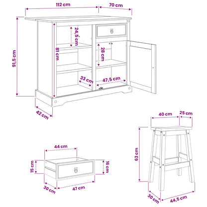 Kitchen Island Set with Drawer 3 pcs Honey Wax Solid-Pine