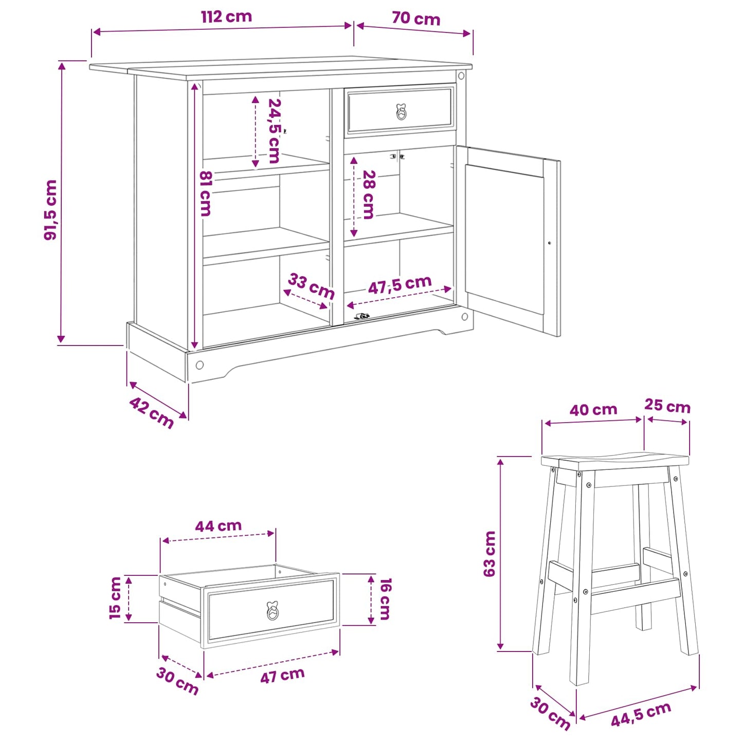 Kitchen Island Set 3 pcs White and Honey Wax Solid-Pine