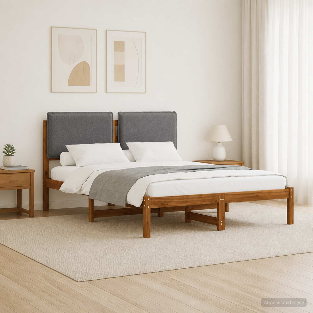 Bed Frame with Upholstered Headboard Natural and Light Grey