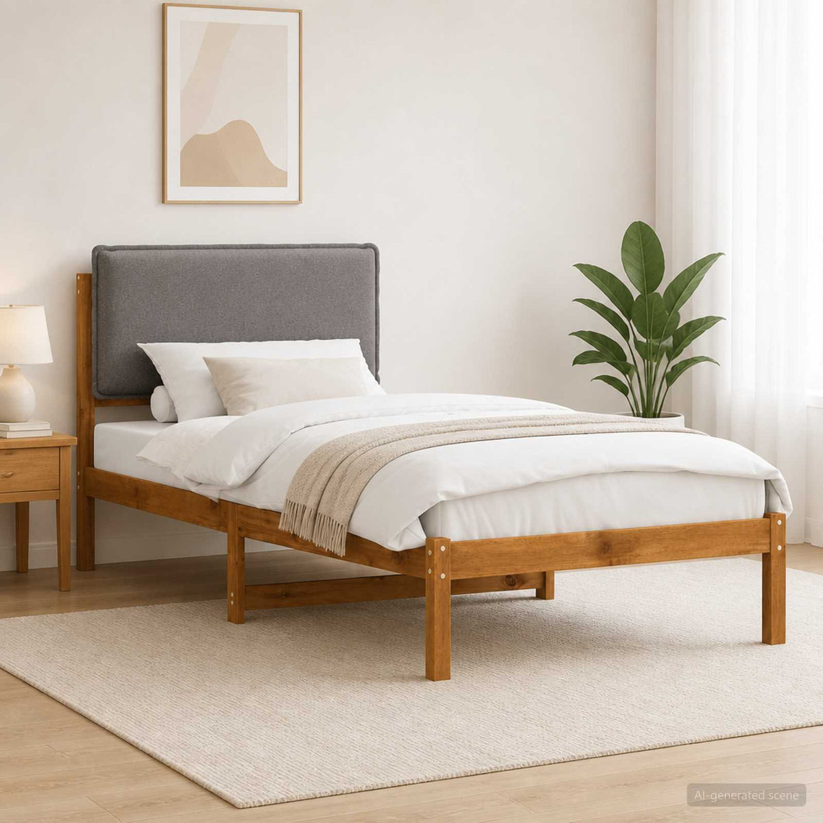 Bed Frame with Upholstered Headboard Natural and Light Grey