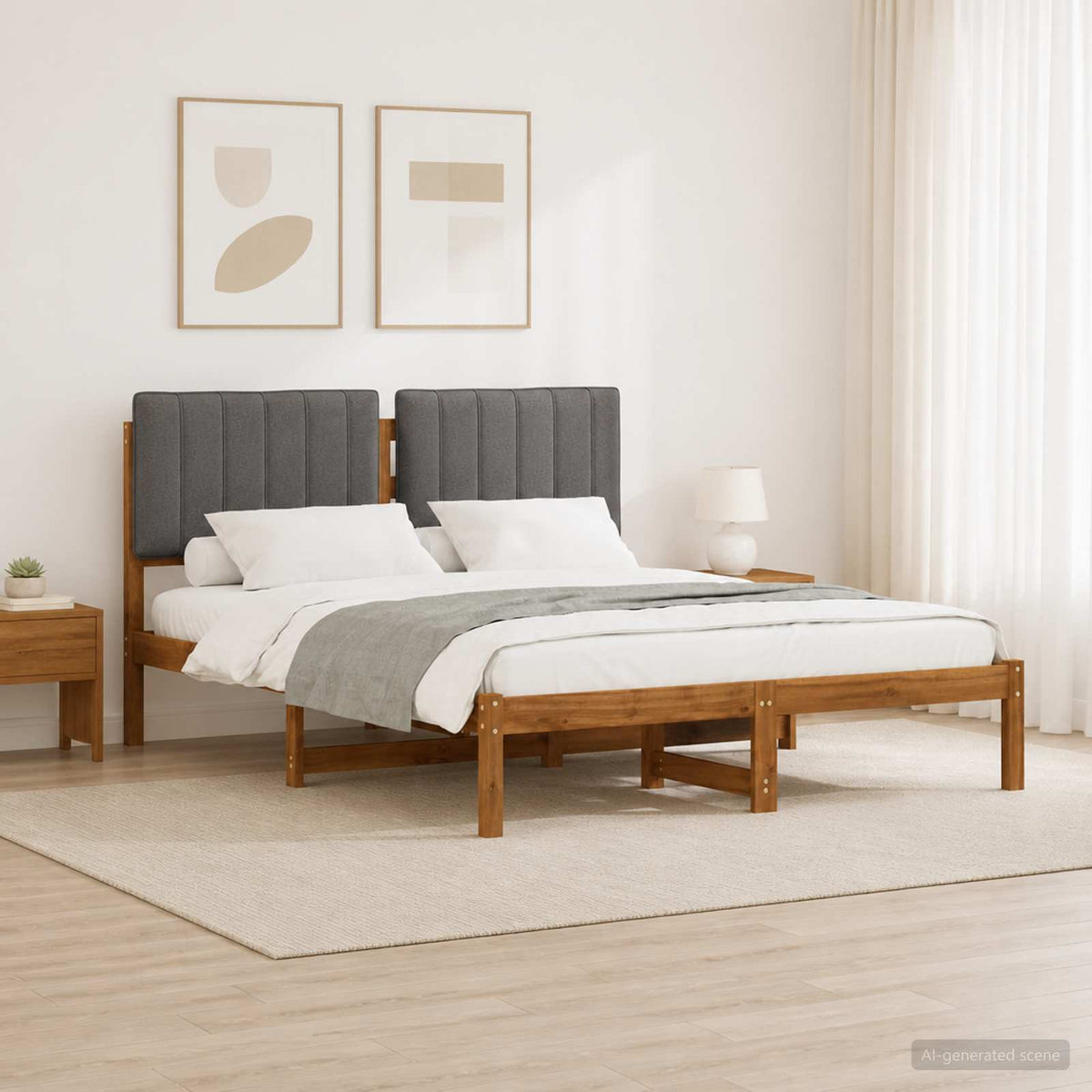 Bed Frame with Upholstered Headboard Natural and Light Grey