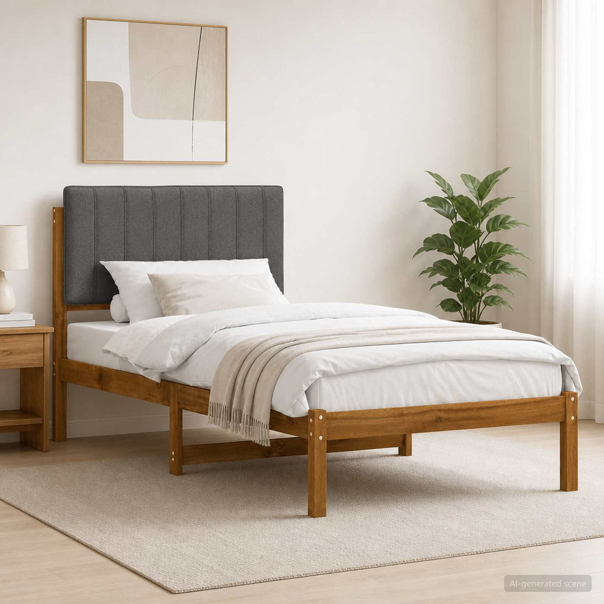 Bed Frame with Upholstered Headboard Natural and Light Grey