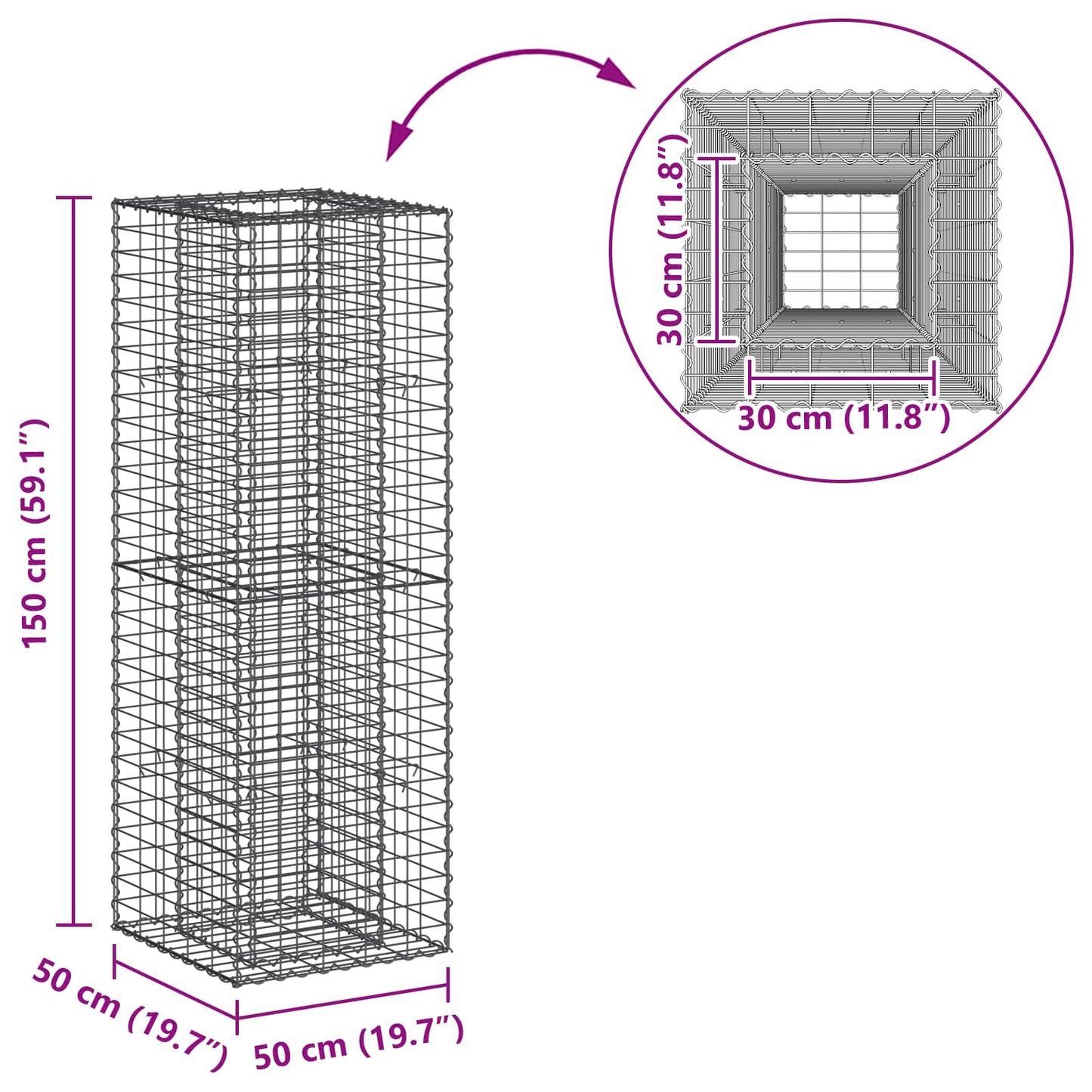 Gabion Raised Bed 50 x 50 x 150 cm Galvanised Steel Silver