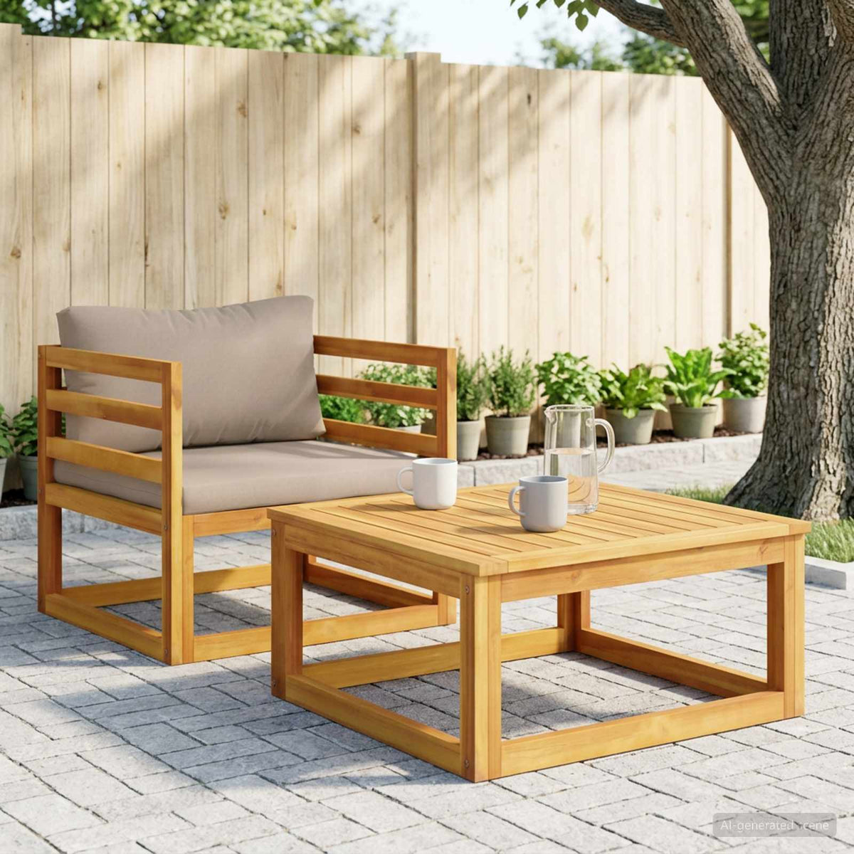 Sectional Armchair with Cushions Solid Acacia Wood Natural