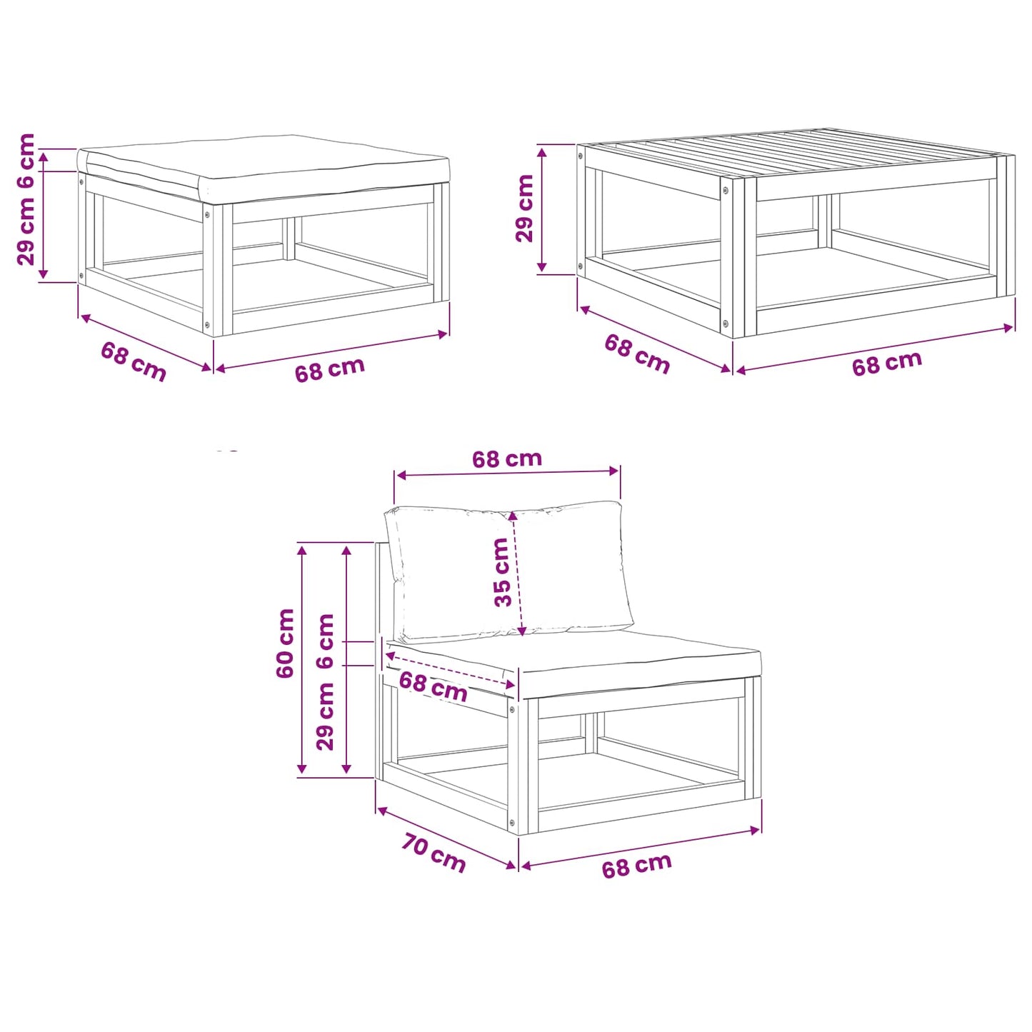 Sectional Sofa Set with Cushions 3 pcs 2-Seater