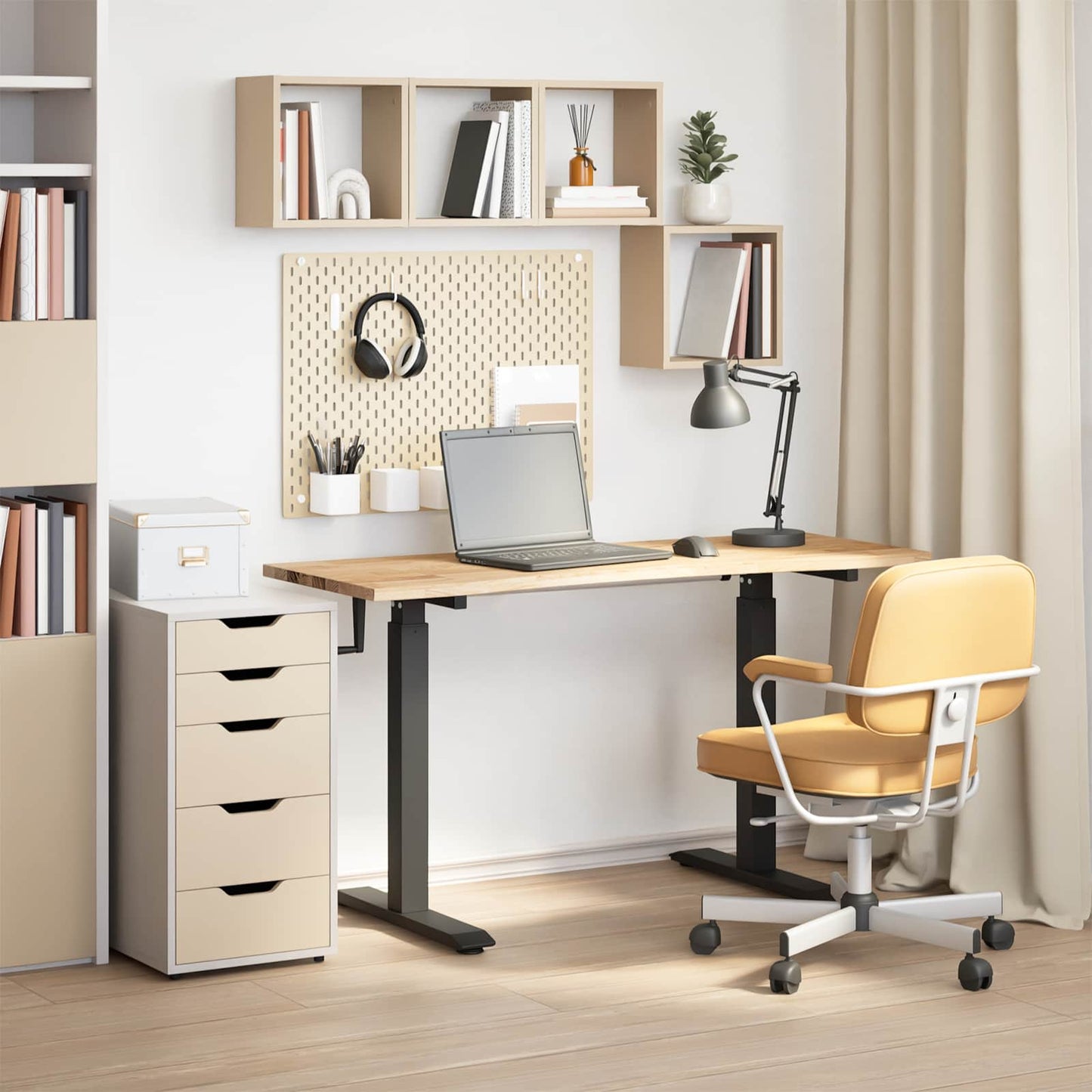Desk with Storage Black and Natural 140 x 60 cm Solid Oak Wood
