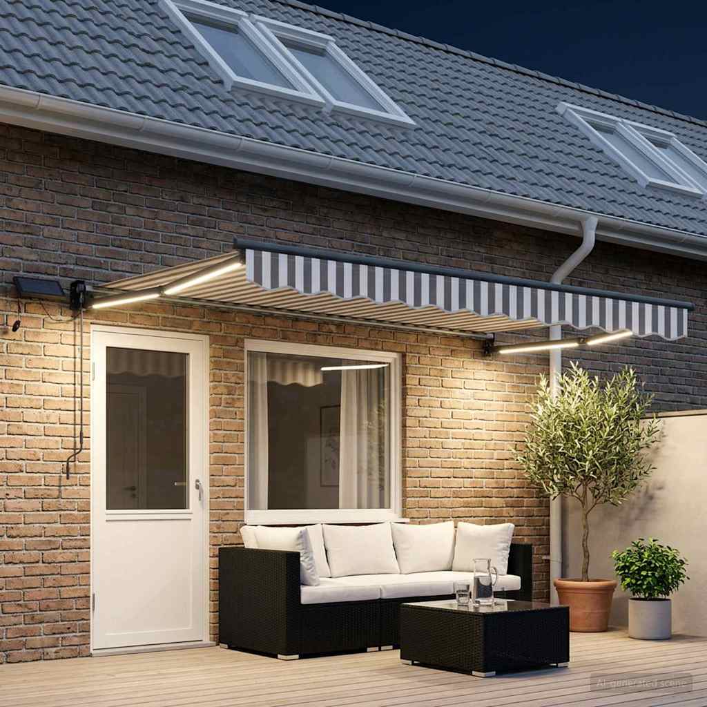 Manual Retractable Awning with LEDs Light Grey and White