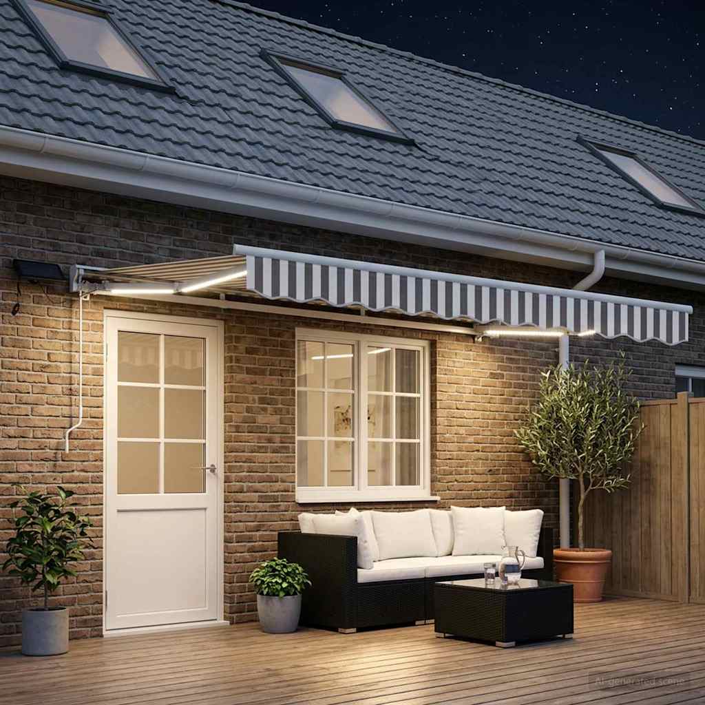 Manual Awning Frame with LEDs Light Grey and White 4.5 x 3.5 m