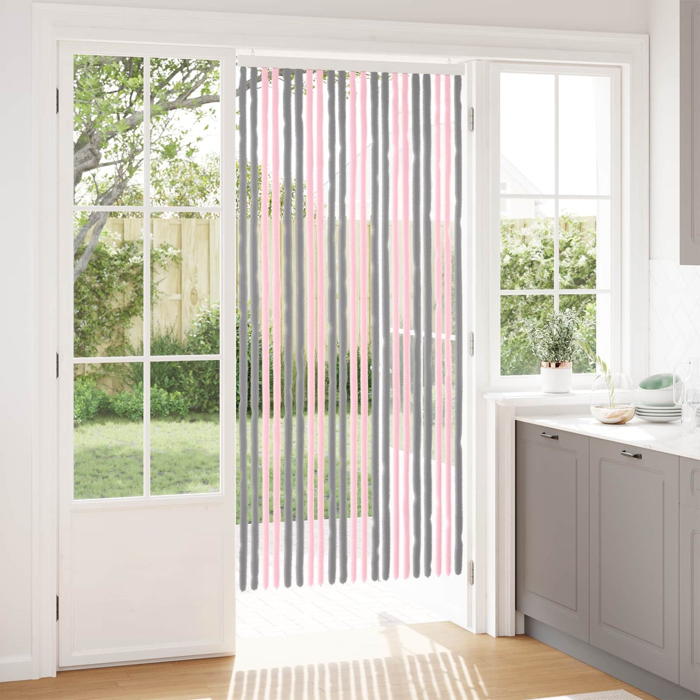Insect Curtain Chenille Silver Grey and Pink 90 x 200 cm
