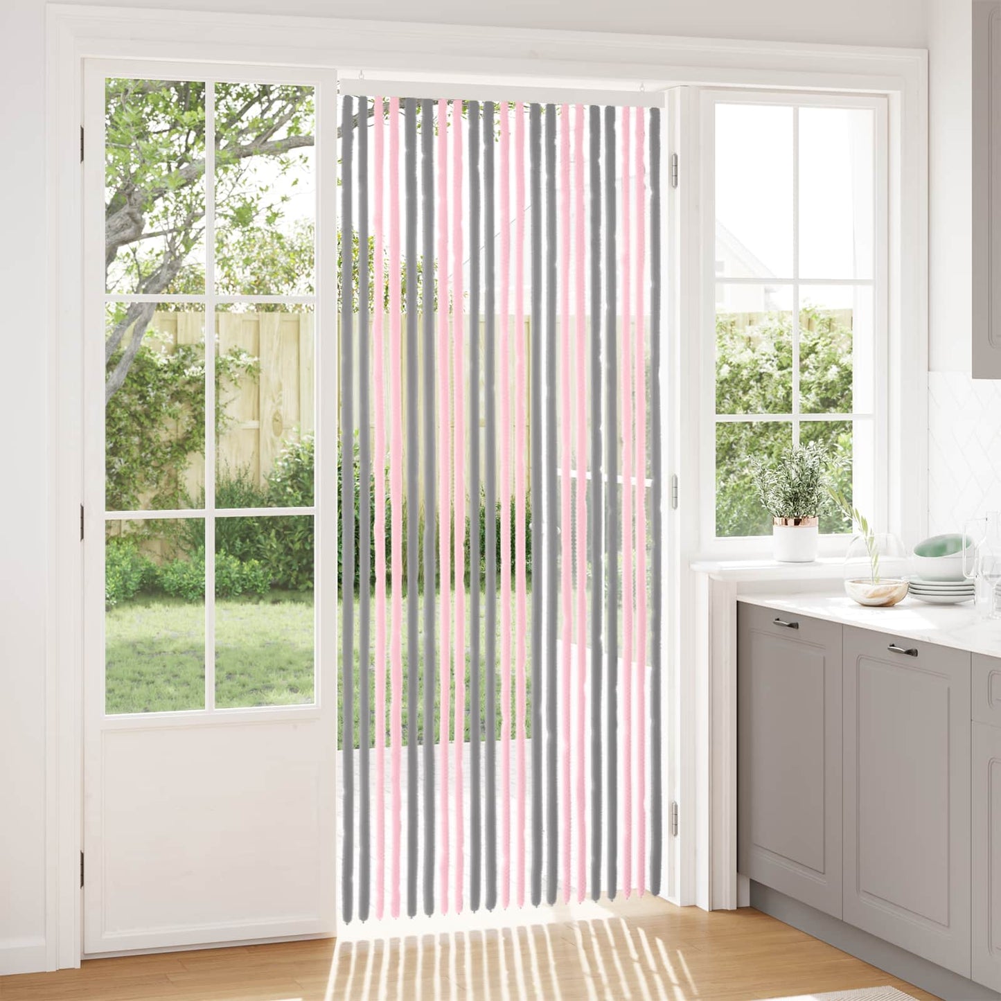 Insect Curtain Chenille Silver Grey and Pink 90 x 220 cm