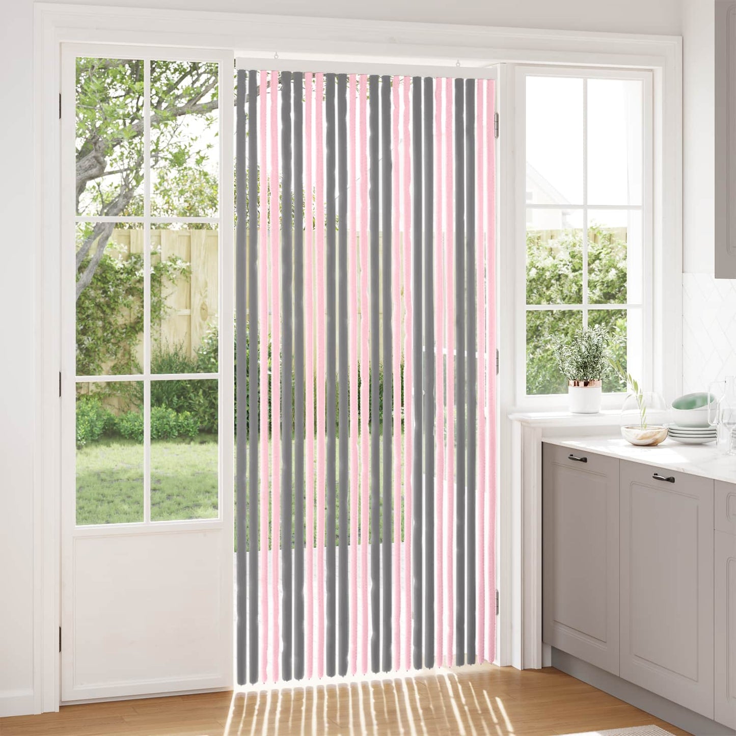 Insect Curtain Chenille Silver Grey and Pink 100 x 220 cm