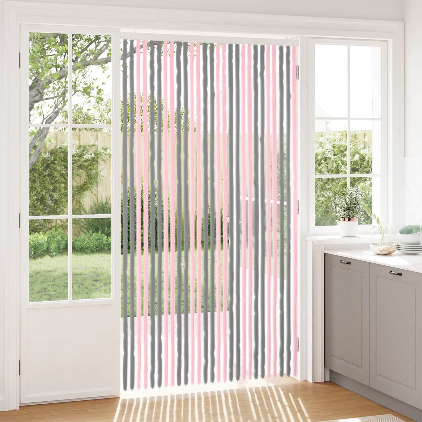 Insect Curtain Chenille Silver Grey and Pink 118 x 220 cm