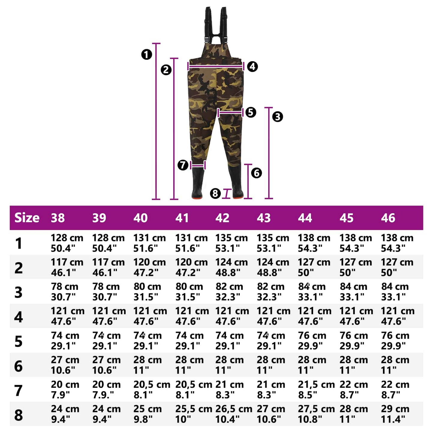 Chest Waders with Boots PVC Coated Polyester Size 46 Camouflage