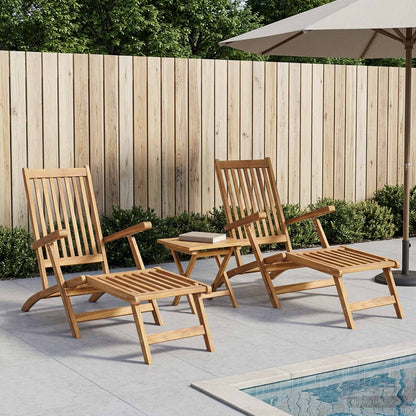 Folding Deck Chair with Table 2 pcs Natural Solid Teak Wood
