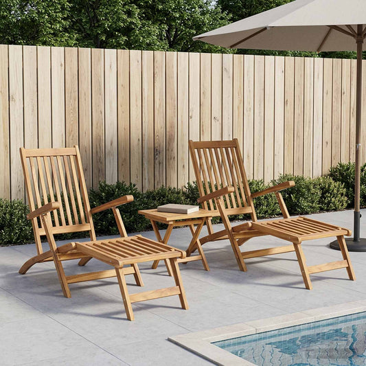 Folding Deck Chair with Table 2 pcs Natural Solid Teak Wood