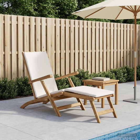 Folding Deck Chair with Cushion White Solid Teak Wood