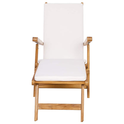 Folding Deck Chair with Cushion White Solid Teak Wood