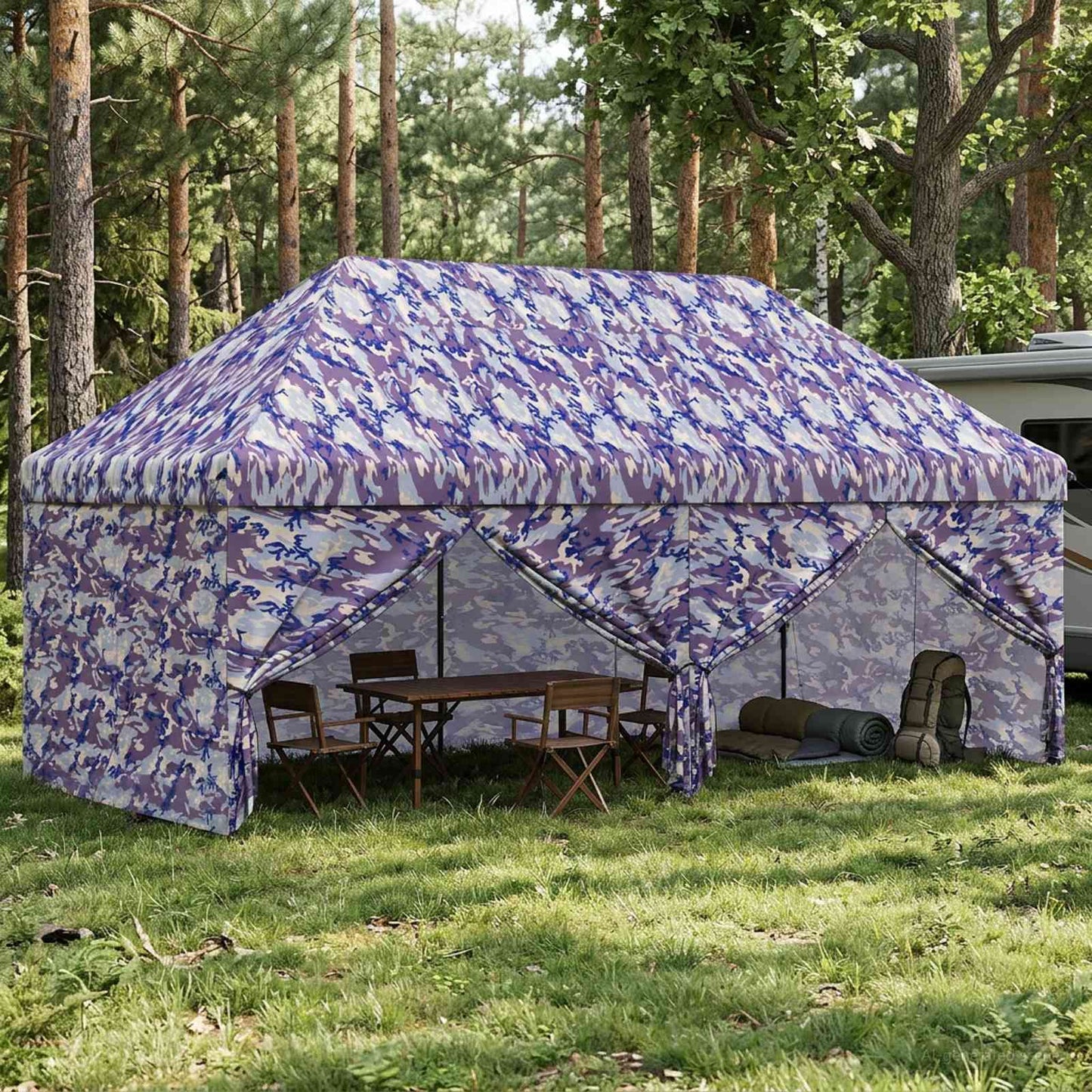 Pop-up Gazebo with 4 Sidewalls 3 x 6 m Blue Camouflage