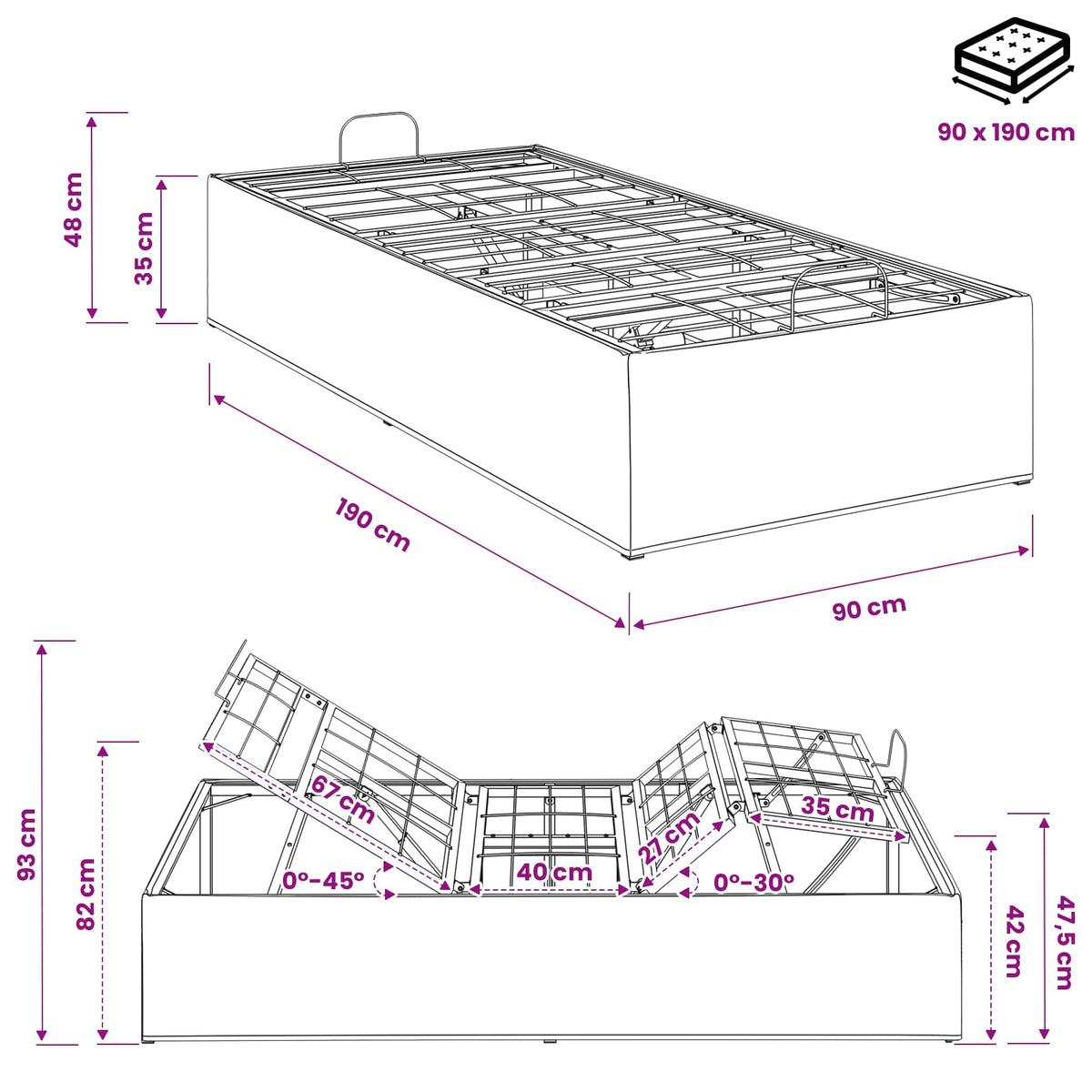 Electric Adjustable Bed Frame Black 190 x 90 x 33.5 cm Steel