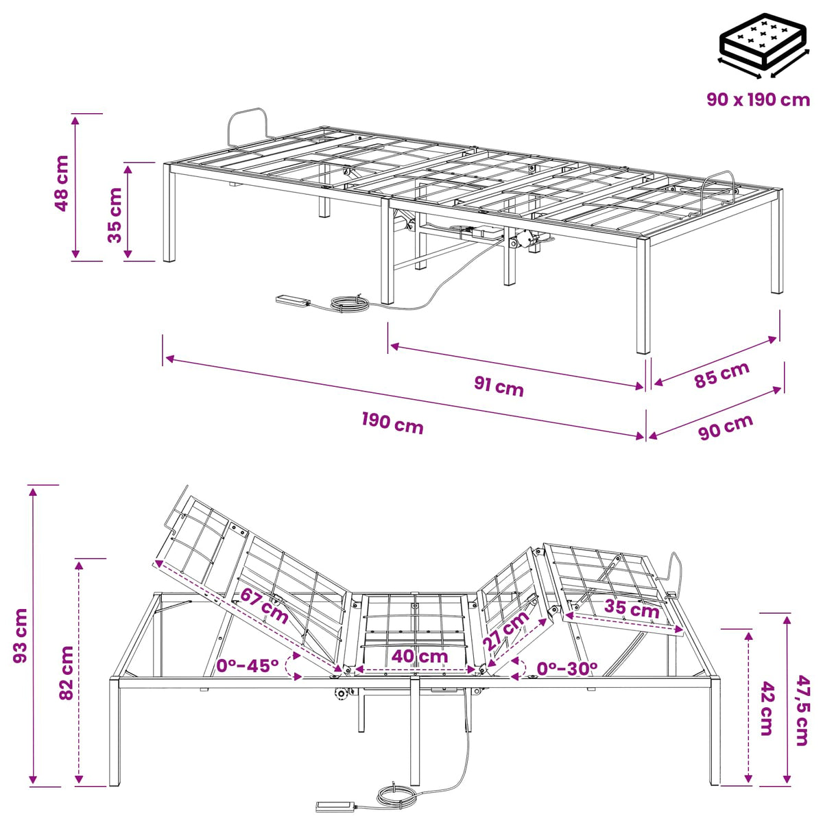 Electric Adjustable Bed Frame Black 90 x 190 x 48 cm Steel