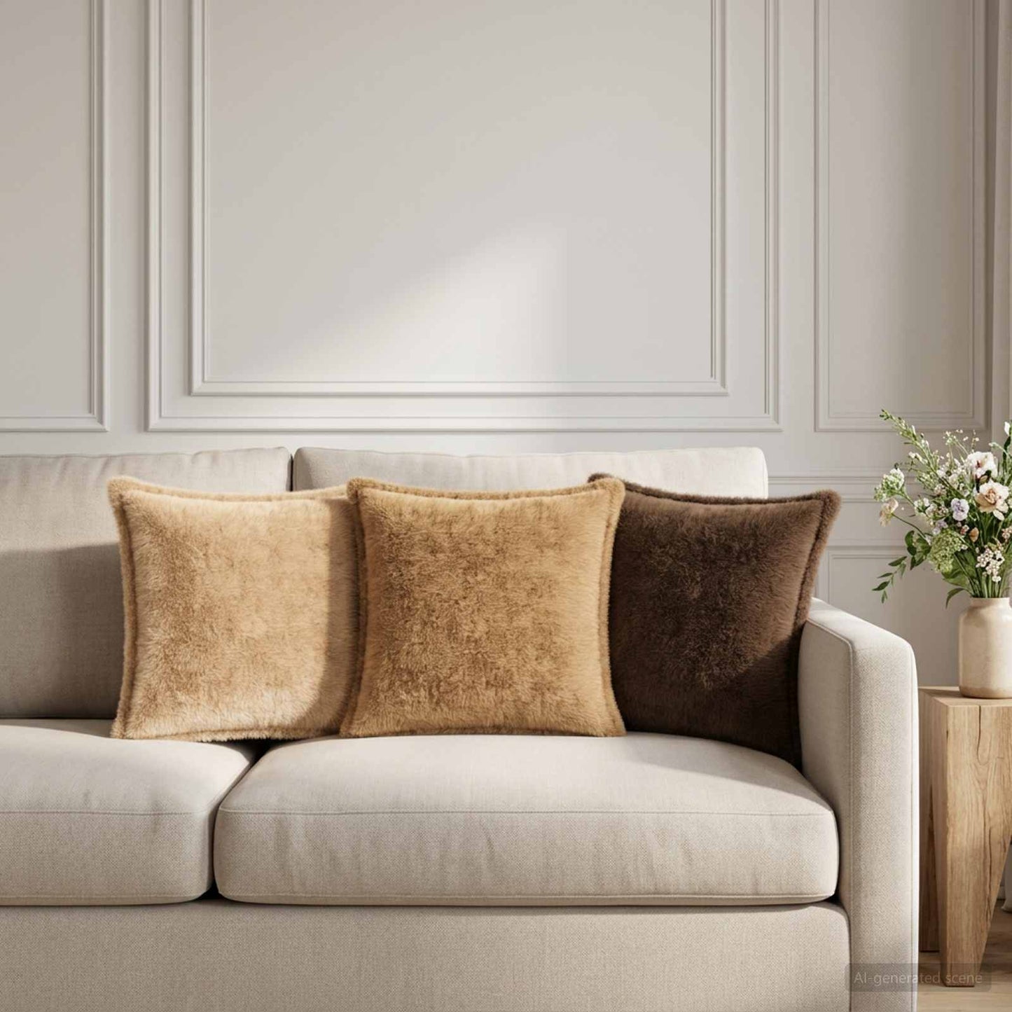 Cushion Cover 12 pcs HOUTEN Taupe 40 x 40 cm Faux Rabbit Fur