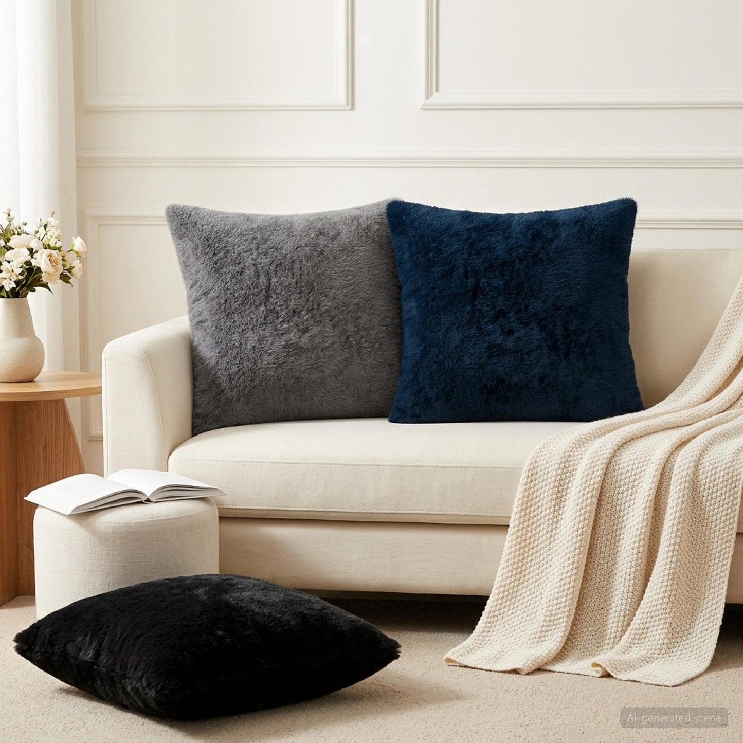 Cushion Cover 12 pcs HOUTEN Black 50 x 50 cm Faux Rabbit Fur