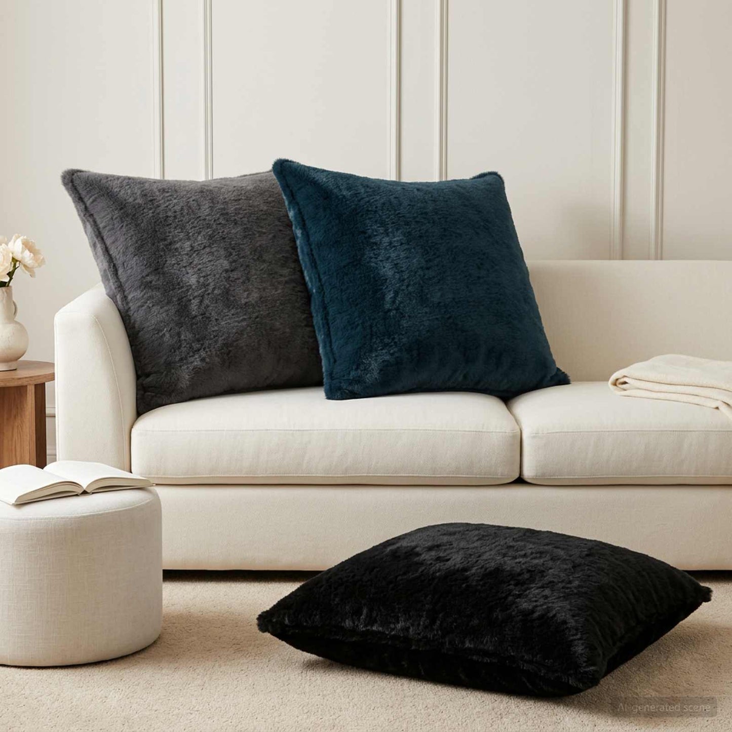 Cushion Cover 6 pcs HOUTEN Navy Blue 80 x 80 cm Faux Rabbit Fur
