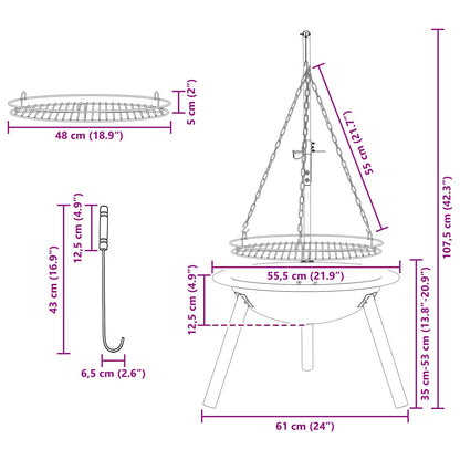 Fire Pit with Adjustable Grill Grate ⌀55.5 x 107.5 cm Steel