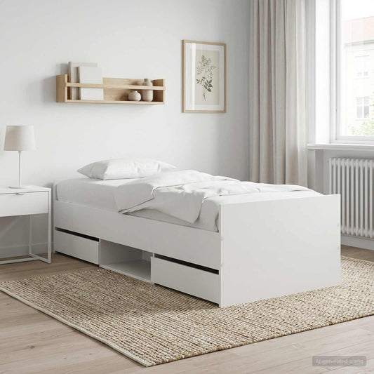 Bed Frame with Drawer with Headboard White Engineered Wood