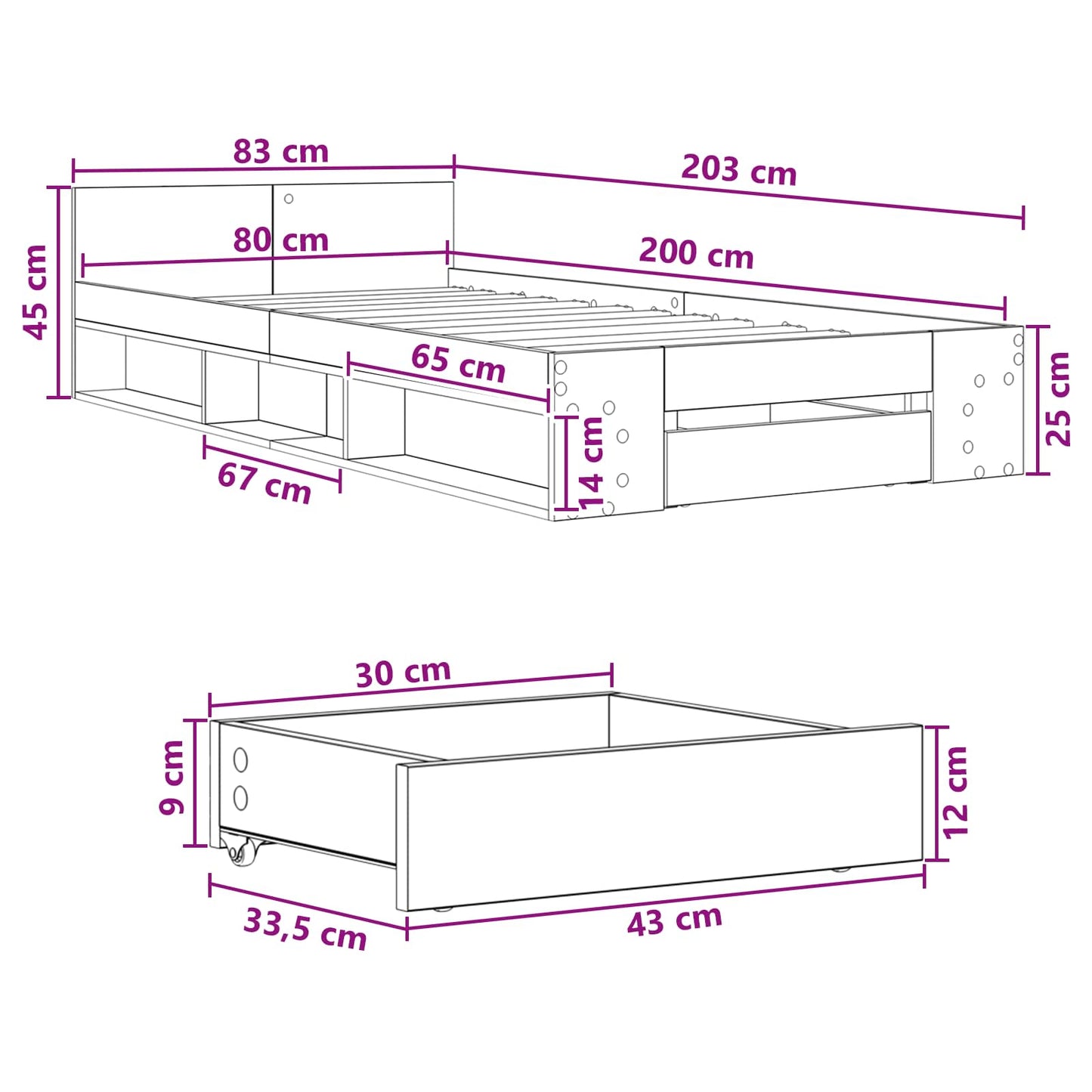 Bed Frame with Storage Grey Sonoma 80 x 200 cm Engineered Wood