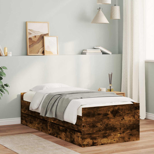 Bed Frame with Drawer with Storage Smoked Oak Solid Pine Wood