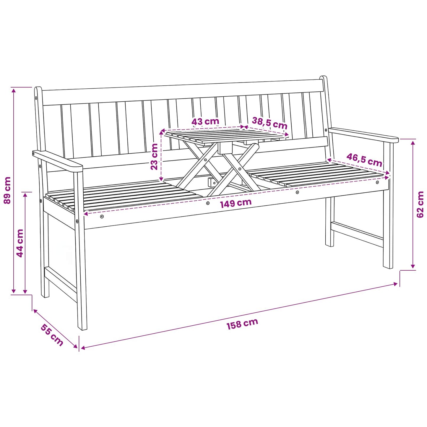 Garden bench 158 x 55 x 89 cm Solid Acacia Wood Natural