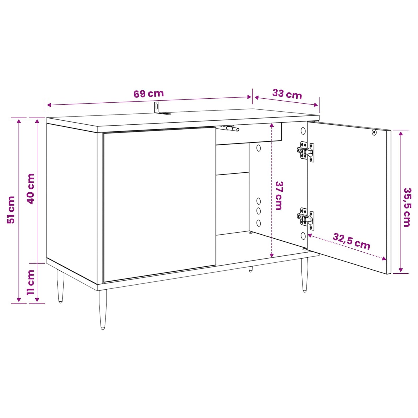 TV Cabinet WIJHE 69 x 33 x 50.5 cm Black Oak Engineered Wood
