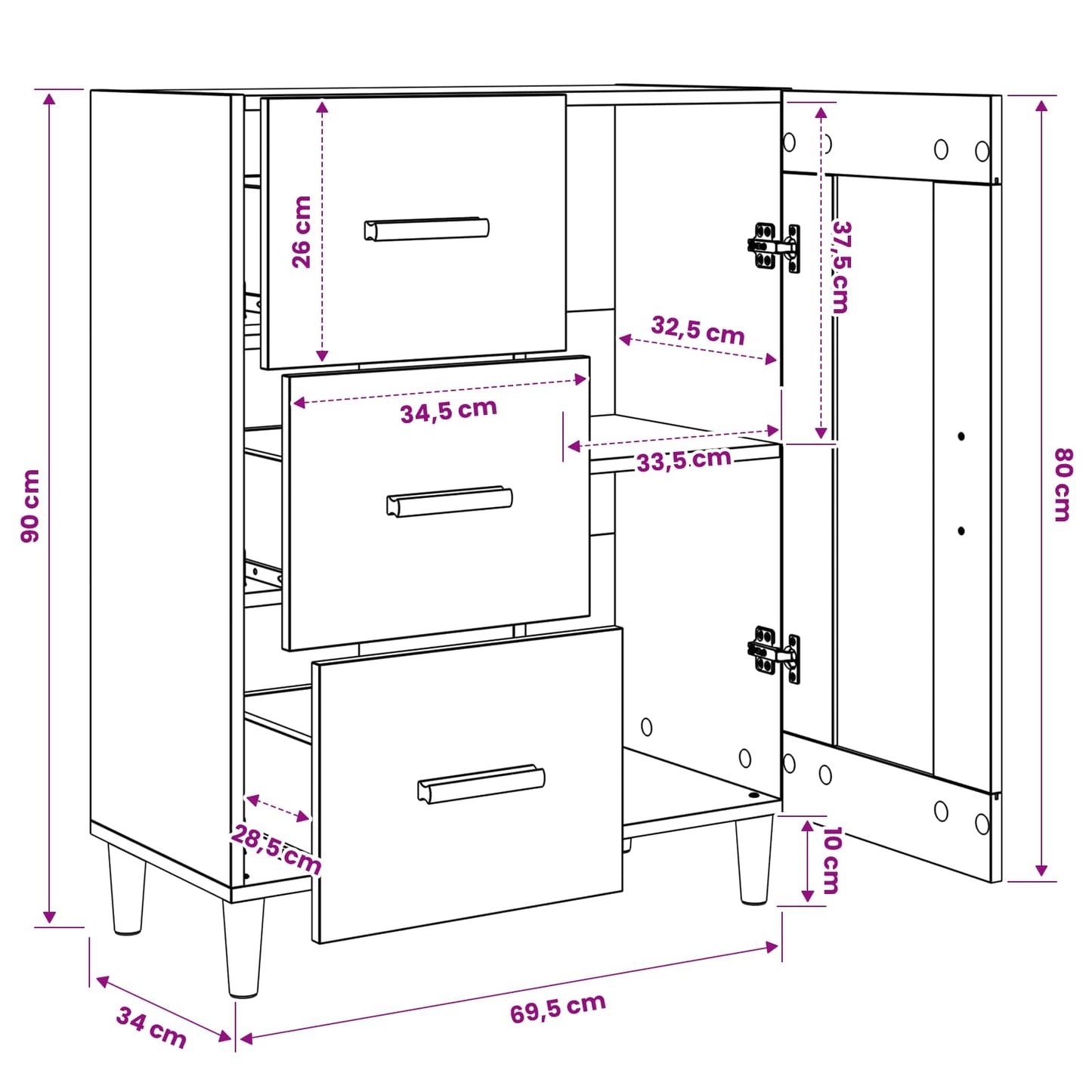 Sideboard Black Oak 69.5 x 34 x 90 cm Engineered Wood