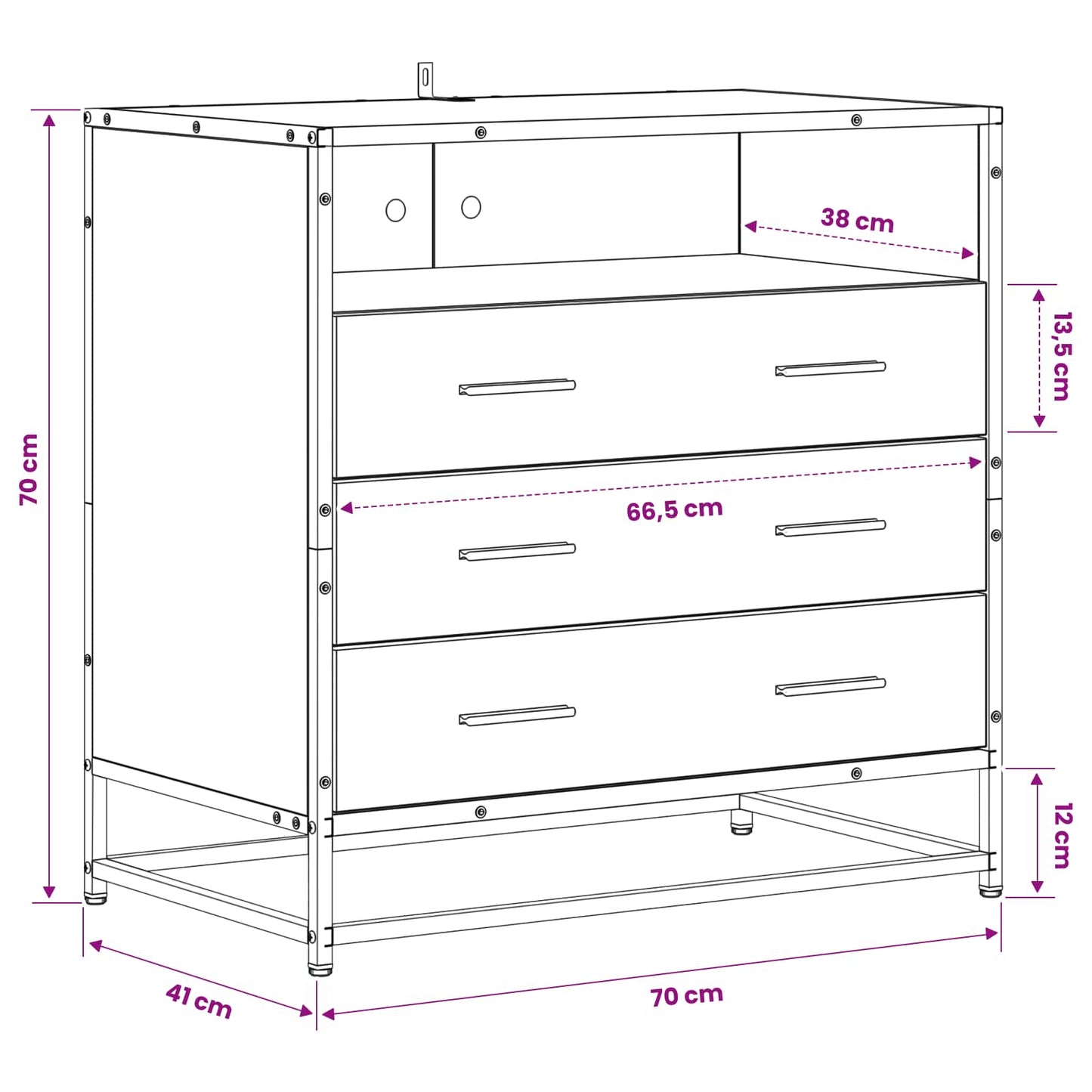Drawer Cabinet 3-Drawer Old wood 70 x 41 x 70 cm