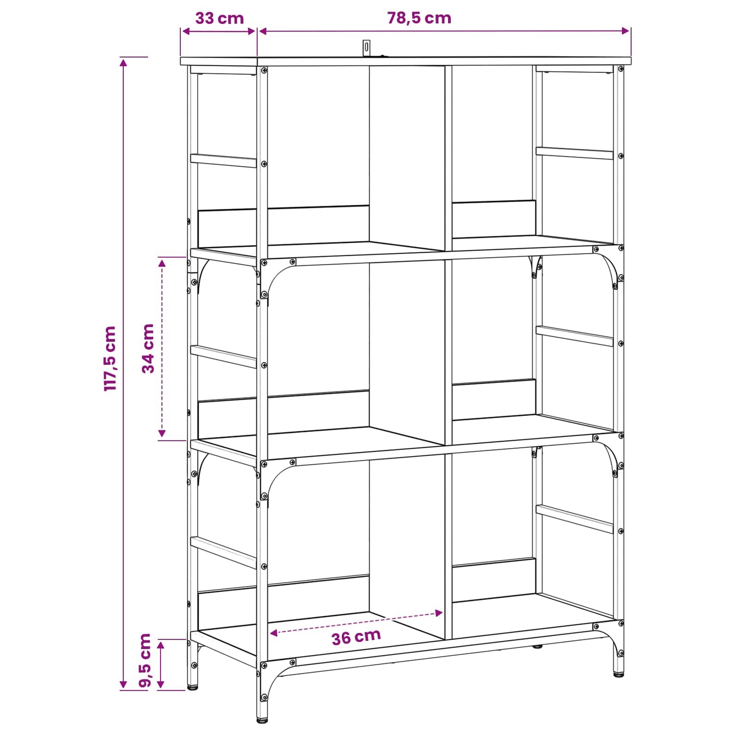 Bookshelf 4-Tier 78.5 x 33 x 117.5 cm metal PB Black oak