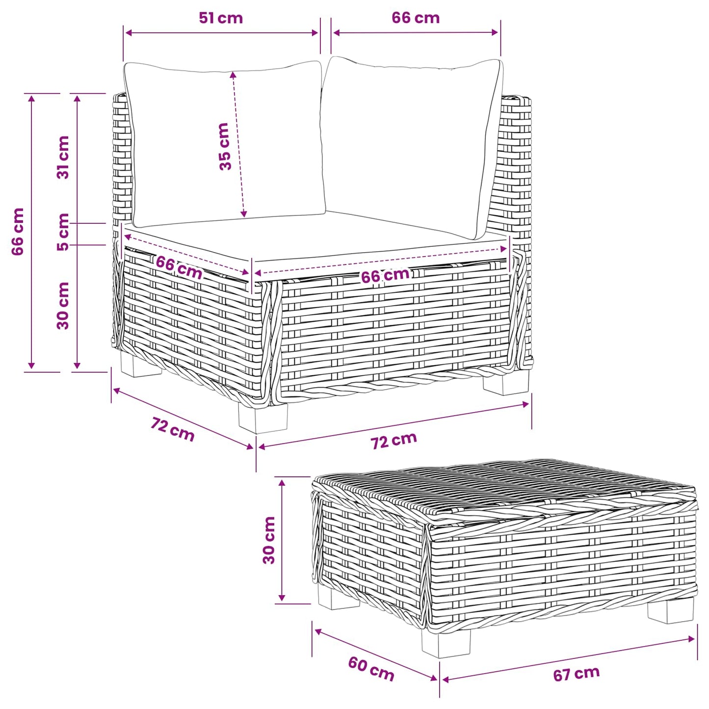 2 pcs Rattan Lounge Set with Cushions GENDT Natural Rattan