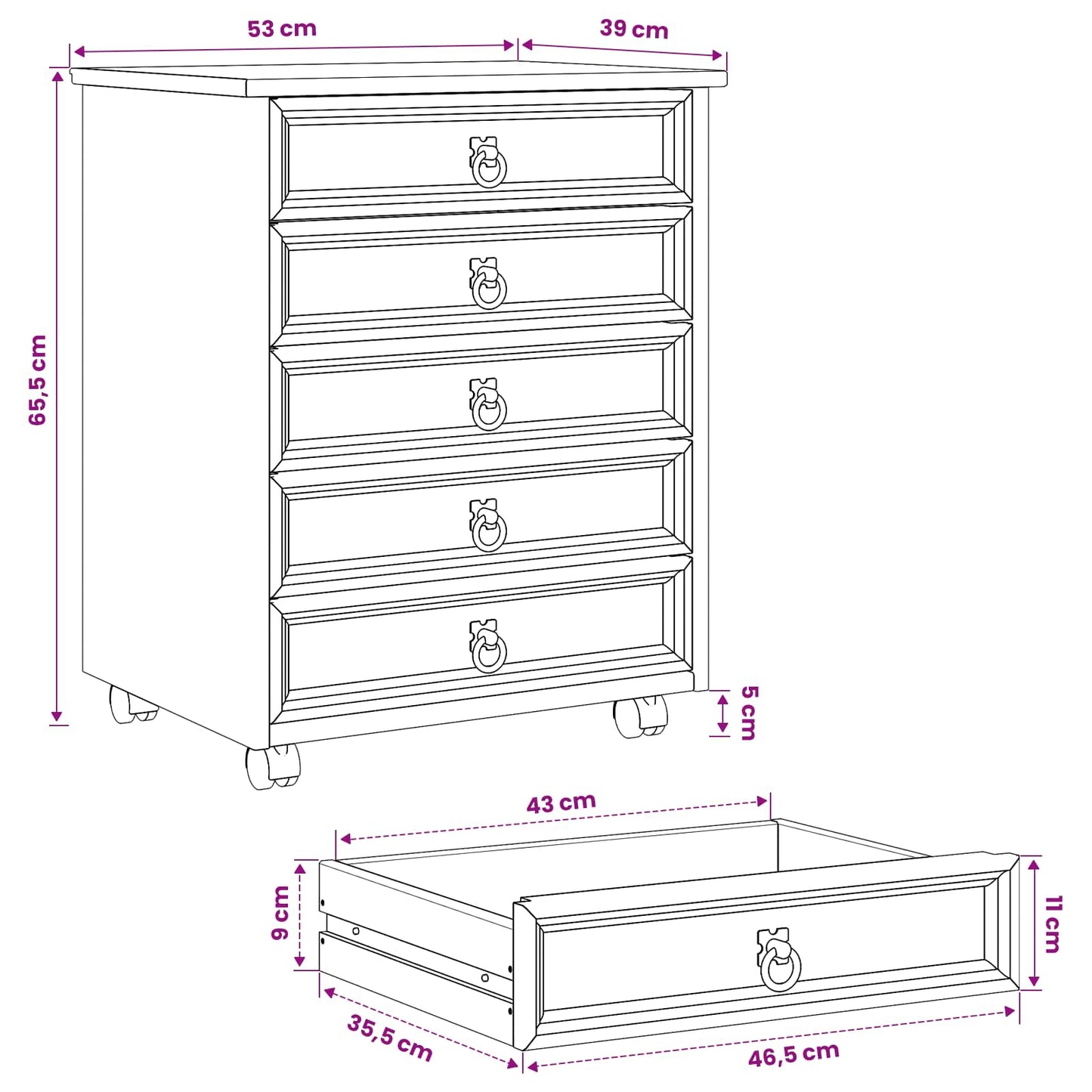Rolling Cabinet with Drawers CORONA Honey Brown