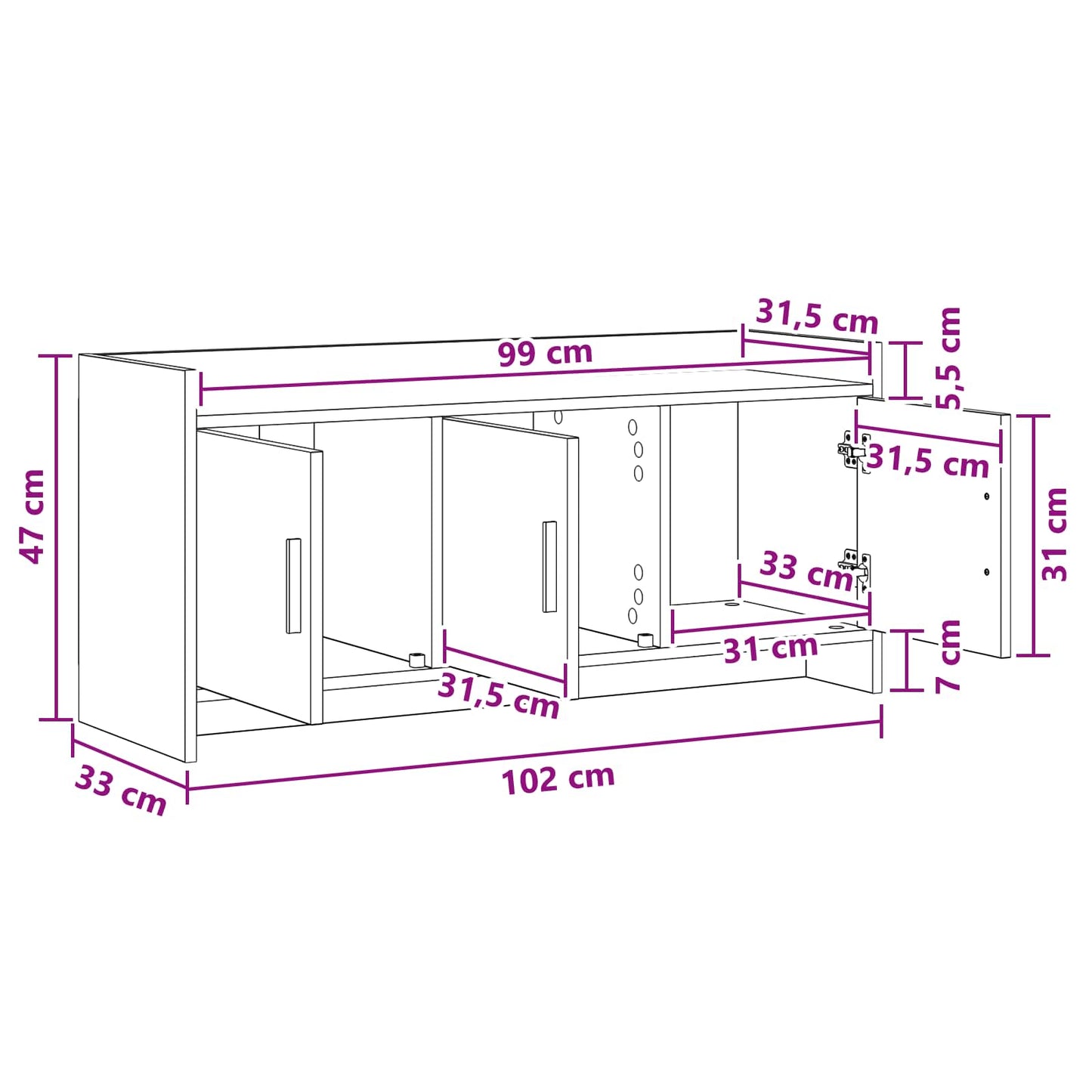 TV Cabinet 102 x 33 x 47 cm Black Oak Engineered Wood