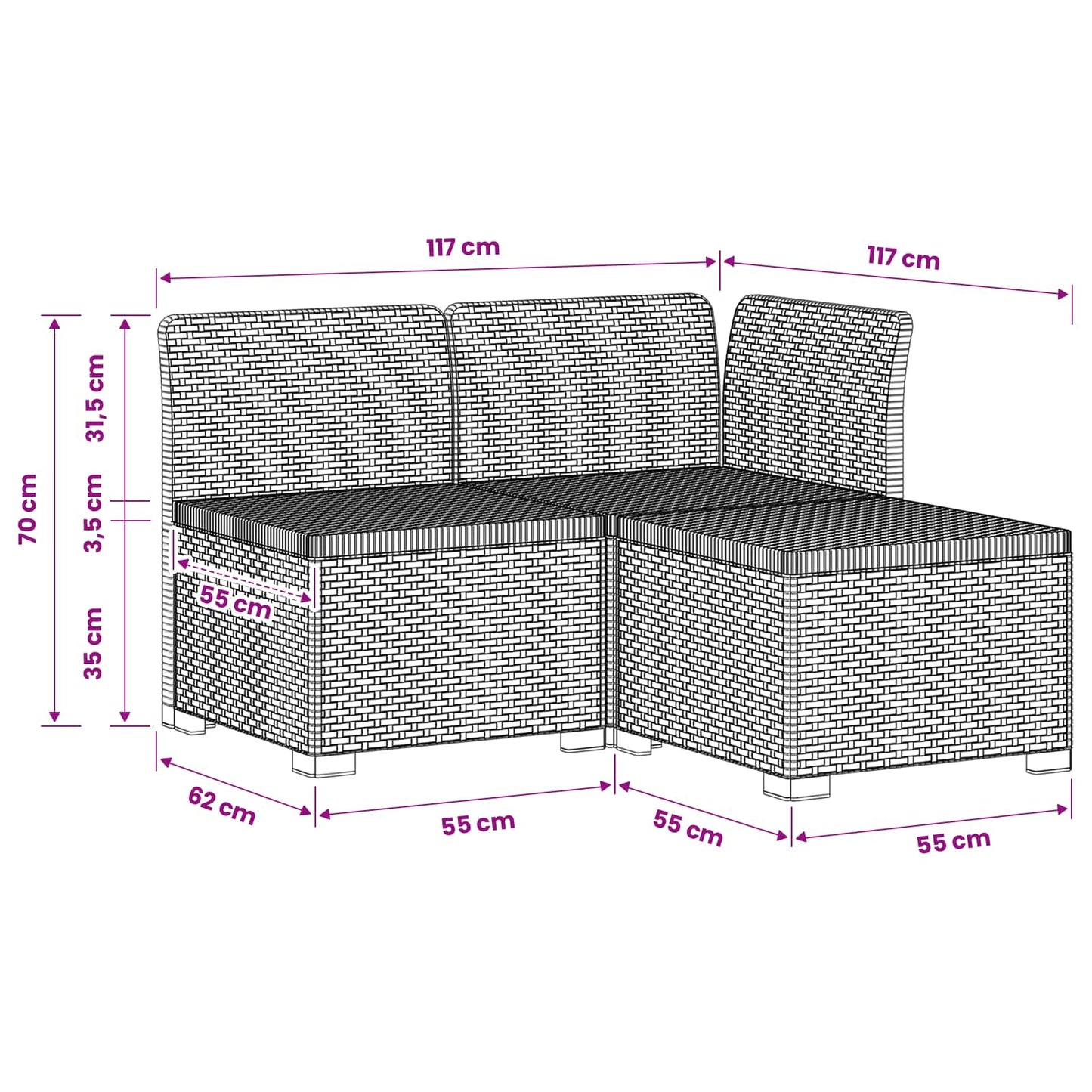 3-Seater Garden Sofa Rattan Look PP White