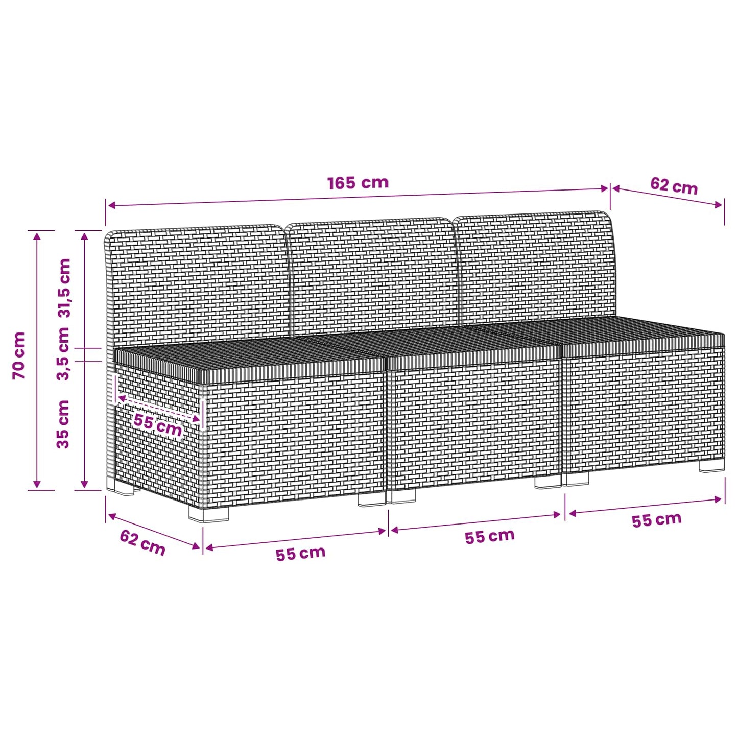 3-Seater Garden Sofa Rattan Look PP Anthracite