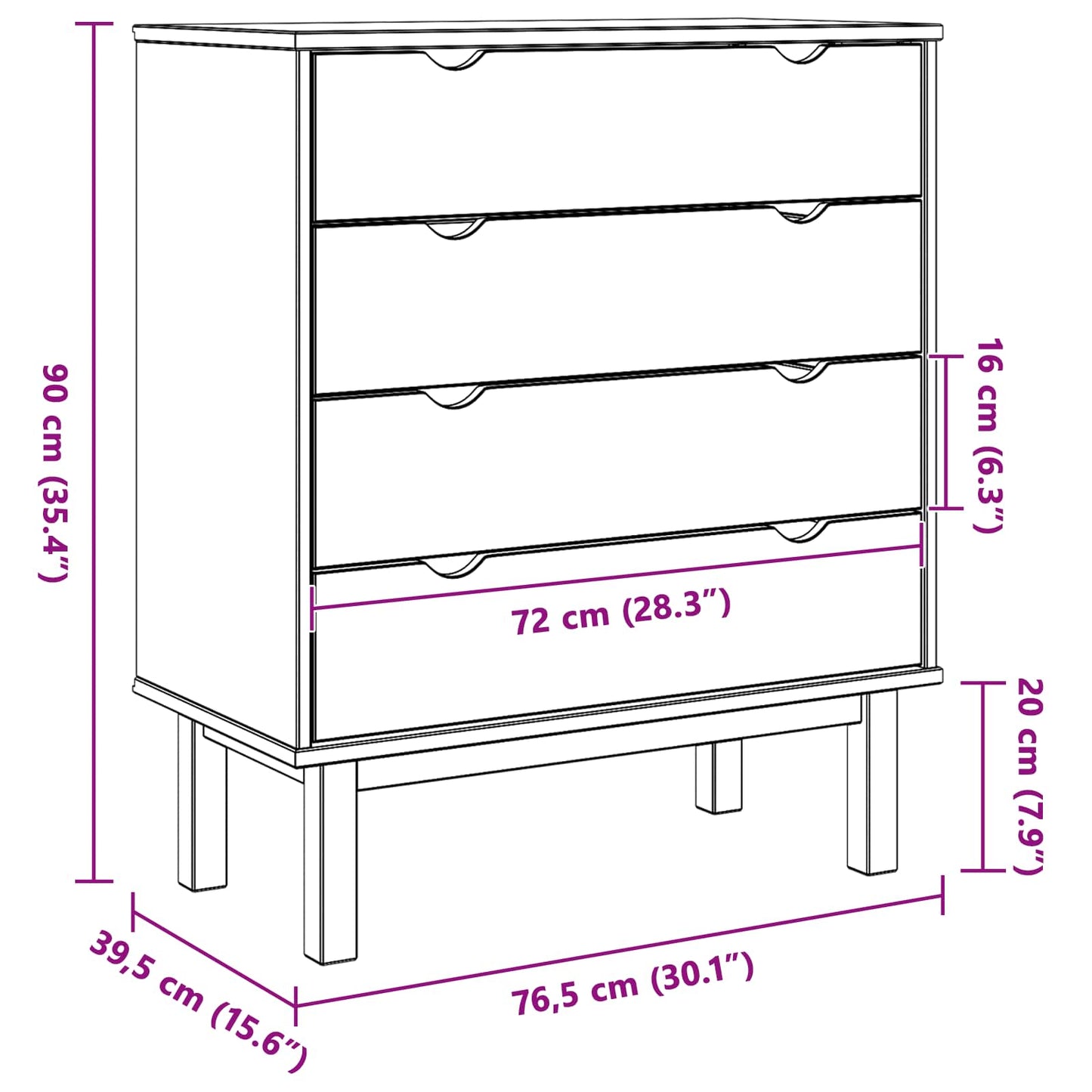 Chest of Drawers OTTA Black 76.5 x 39.5 x 90 cm Solid Pine Wood